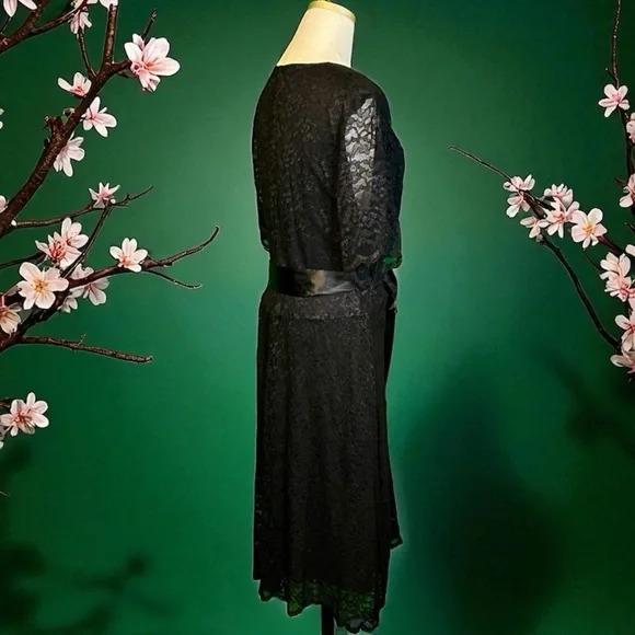 Kiyonna Black Lace A-Line V-Neck Dress with Satin Tie Belt / Sash Size 2X -  joarbit.com